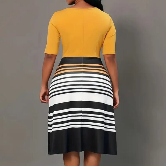 Women's Plus Size Elegant Fitted Stripe Print Professional Midi Dress 18W - 22W - Picture 3 of 7